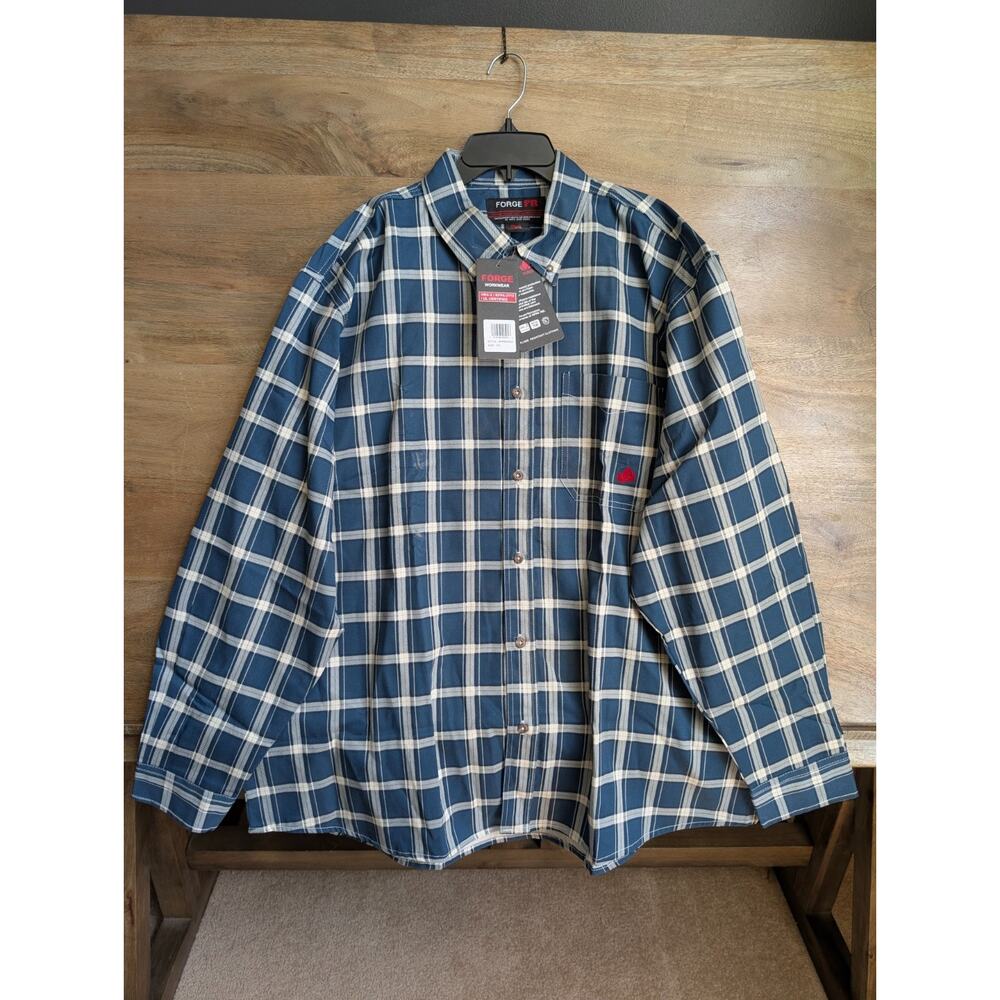 Forge FR Shirt Mens 2XL Blue Plaid Flame Resistant Work Wear Button Down Collar